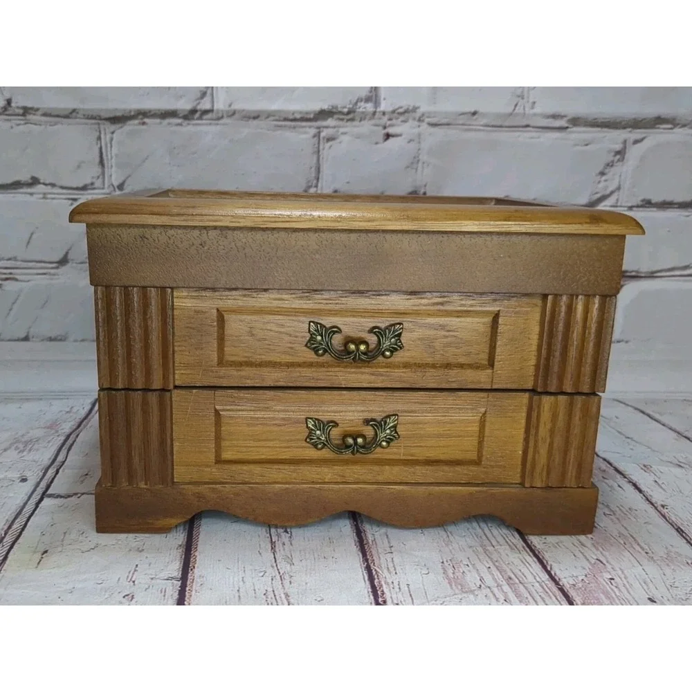 Vintage Music Wood Jewelry Box Tapestry Top Made In Japan